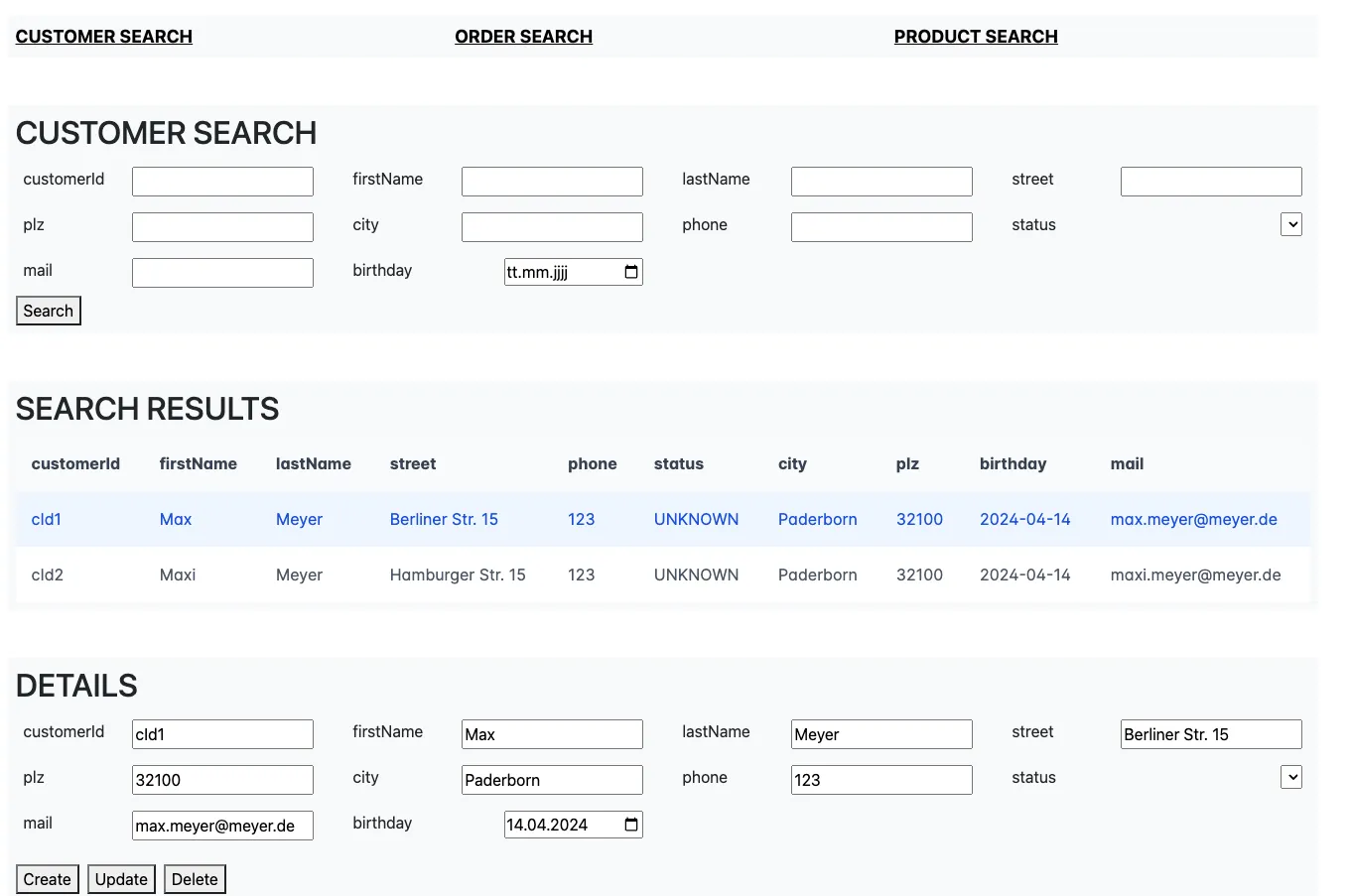 El formulario generado a partir del archivo de configuración: búsqueda, resultados de búsqueda y vista de detalle de clientes.